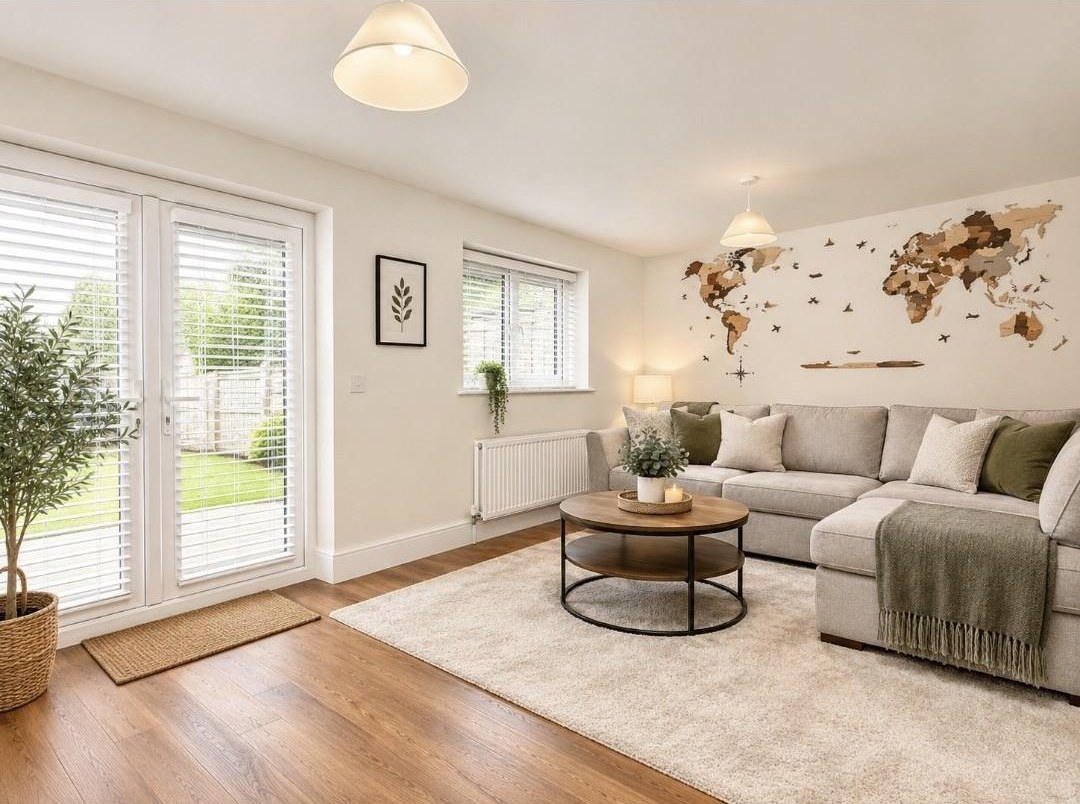 A bright, freshly cleaned living room in a Care Kleen home